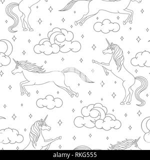 Vector cartoon unicorn seamless pattern on white background. Magical creatures outline with stars, moons and clouds. Cute illustration for children. Stock Vector