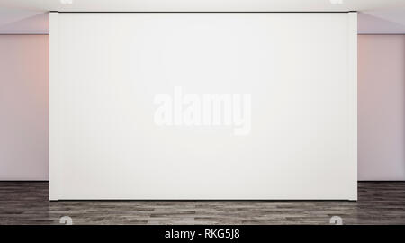 Blank white large gallery wall in studio mock up, 3d rendering. Empty modern lobby with exibition wal mockup. Clear presentation room. Wide poster on  Stock Photo