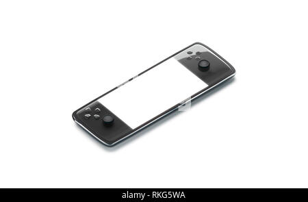 Blank gaming console with white screen and black buttons mockup, 3d rendering. Empty teenager device mock up, isolated. Clear old school pocket comput Stock Photo