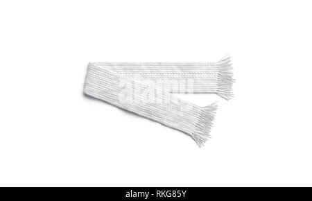 Blank white knitted scarf folded mock up, isolated, 3d rendering. Empty winter or autumn accessory mockup, top view. Clear soft neckerchief for print  Stock Photo
