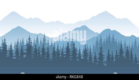 Mountain forest, vector landscape illustration with silhouette or rocks and trees. Stock Vector
