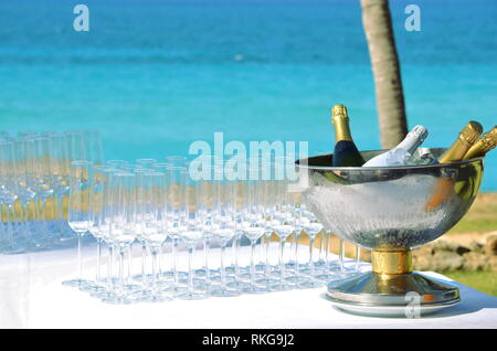 Stem glasses and sparkling wine table in seaside tropical island at destination wedding reception. Party set up for civic ceremony. Ocean view garden Stock Photo