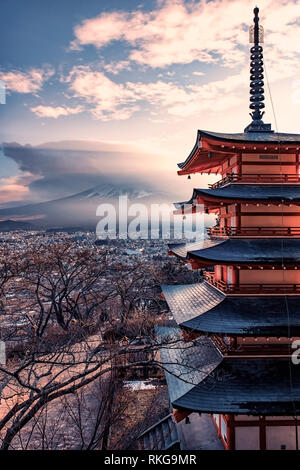 Famous Place of Japan with Chureito pagoda and Mount Fuji at sunset
