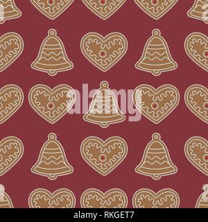 Seamless pattern with gingerbread bells and hearts. Holiday background. Design for banner, poster, textile, print. Stock Vector
