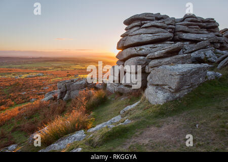 Sunset from Pew tor Dartmoor national park Devon Uk Stock Photo