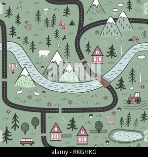 Hand drawn vector abstract scandinavian graphic illustration seamless pattern with houses, animals, trees and mountains. Nordic nature landscape. Stock Vector