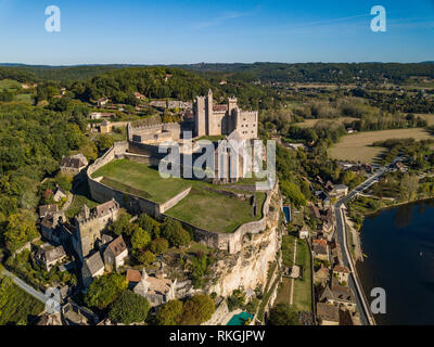 Chateau de Beynac, village of Beynac-et-Cazenac, aerial view from Dordogne River, Perigord, Dordogne, France Stock Photo