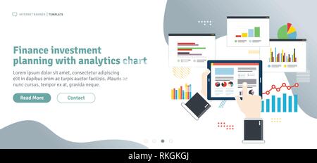 Finance investment planning with analytics chart. Chart or diagram in application for monitoring with growth report. Template in flat design for web b Stock Vector