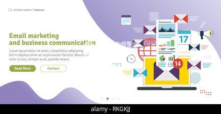 Email marketing and business communication, send and receive email, email inbox. Notification new message. Template in flat design for web banner or i Stock Vector