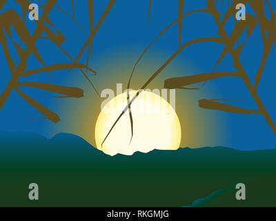 Sunset or Sunrise Serene Scene with Close Up Plants and Big Sun Over Mountains Background Stock Vector