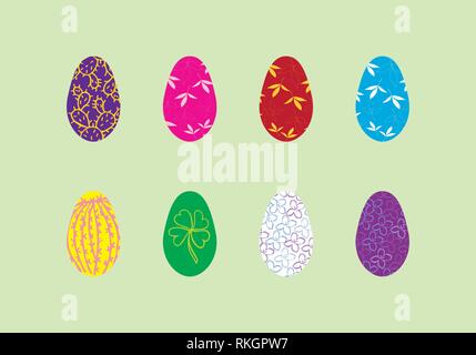 Easter eggs set with floral illustration, leaves and cactus, vector template on green background Stock Vector