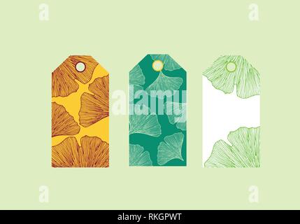 Hand drawn ginkgo leaves vector template tag set Stock Vector