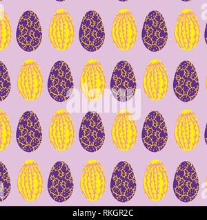 Easter eggs set cactus vector pattern template on violet background Stock Vector