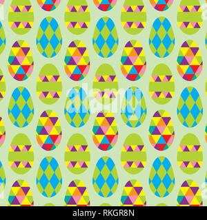 Easter eggs set geometric colorful vector pattern on light green background Stock Vector