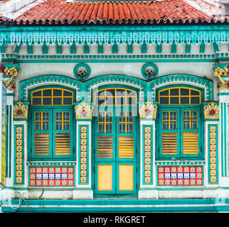 Singapore Little India conservation district, transitional Art Deco shophouse near Jalan Besar, zoom in close up details of architectural facade Stock Photo