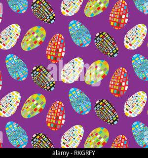 Easter eggs set square geometric vector pattern on purple background Stock Vector
