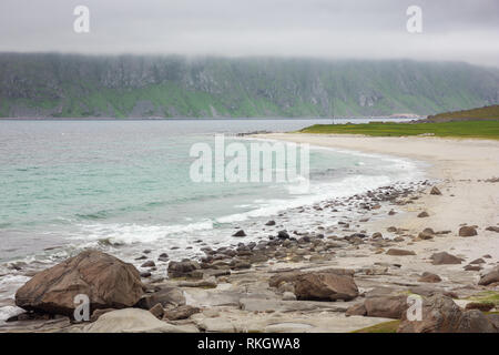 Overview of Uttakleiv Beach, a scenic beach near Leknes of the Lofoten Islands Stock Photo