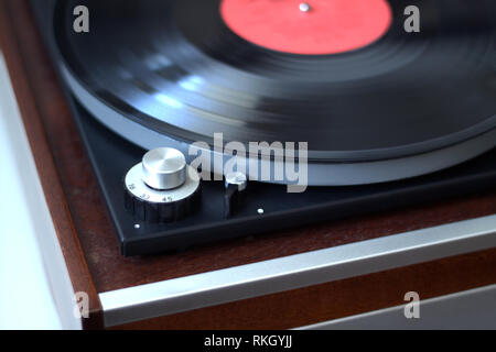 Old Vintage Turntable In Wooden Case With Installed Long Play Record With Focus On Speed Rotation Switch Side View Closeup Stock Photo Alamy