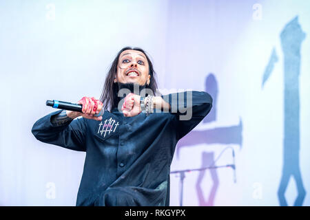 Sweden, Solvesborg - June 8, 2018. The Italian gothic matal band Lacuna Coil performs a live concert during the Swedish music festival Sweden Rock Festival 2018. Here vocalist Andrea Ferro is seen live on stage. (Photo credit: Gonzales Photo - Terje Dokken). Stock Photo