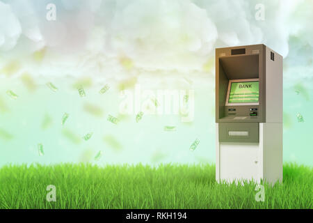 3d rendering of ATM machine on green grass background with dollars in the air Stock Photo