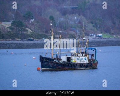 Fishing boat 'Kildonan' UL145 anchored at Ullapool on a wet day. Ullapool, Highland, Scotland Stock Photo