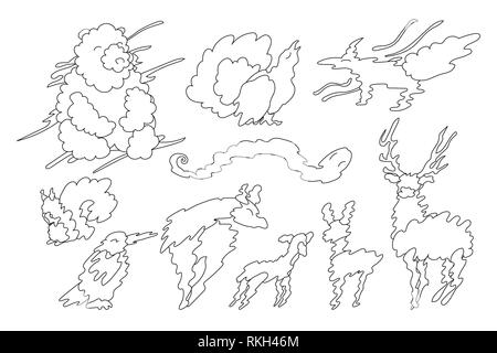 vector animal shaped cloud. Black white linear set Stock Vector