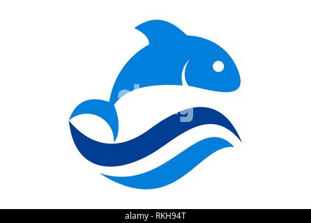 fish waves blue logo icon vector concept flat design Stock Photo