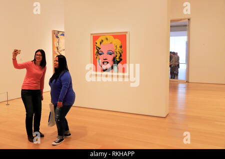 Visitors taking selfies in front of Andy Warhol's Shot Orange Marilyn (1964) in Art Institute of Chicago.Chicago.Illinois.USA Stock Photo