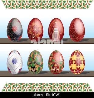 Pysanky - traditional eastern Europe decorated with wax Easter Eggs. Vector illustration over white background. Stock Vector