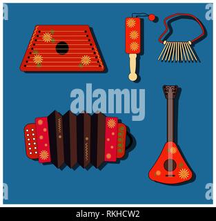 Accordion, balalaika, clapper, ratchet, rattle, gusli. Set Isolate vector Musical instrument. Russian style. Shrovetide. Stock Vector