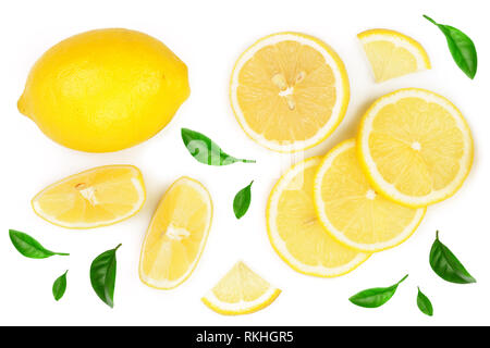 lemon and slices with leaf isolated on white background. Flat lay, top view Stock Photo