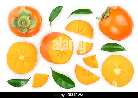 persimmon fruit slice with leaves isolated on white background. Top view. Flat lay pattern Stock Photo