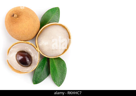 Fresh longan fruit with leaves isolated on white background. Top view. Flat lay Stock Photo