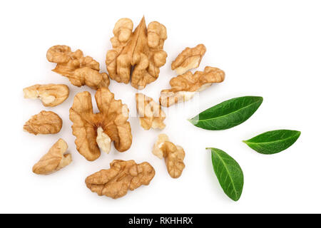 peelled Walnuts with leaves isolated on white background. Top view. Flat lay Stock Photo