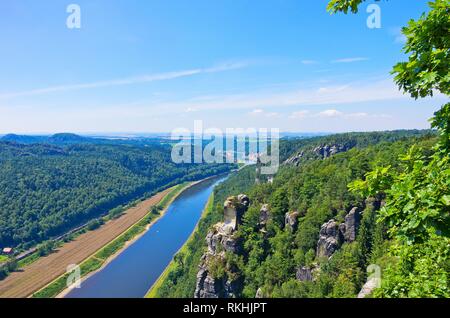View from the Bastei Rocks to the Elbe river, Saxon Switzerland near Dresden, Germany.