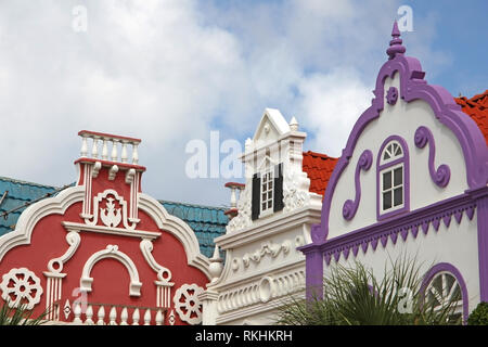 Typical brightly colours of red, green & purple painted architechture of Aruba, Curacao & Bonaire, Caribbean. Stock Photo