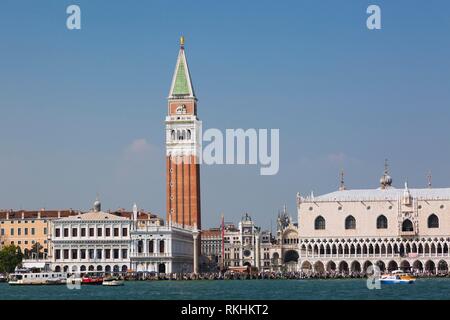 Grand Canal and National Library of St Mark's or Biblioteca Nazionale Marciana, the Campanile bell tower and Doge's Palace Stock Photo