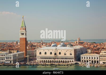 Top view of National Library of St Mark's or Biblioteca Nazionale Marciana, the Campanile bell tower and Doge's Palace at St Stock Photo