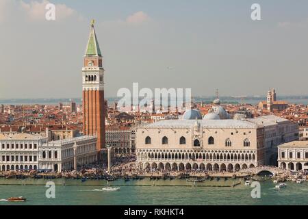 Top view of National Library of St Mark's or Biblioteca Nazionale Marciana, Campanile bell tower and Doge's Palace at St Mark's Stock Photo