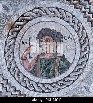 Ktisis soil mosaic, Eustolios villa, excavation site, Kourion, Cyprus Stock Photo