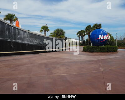 John F. Kennedy quote written in granite on the fountain at the entrance of the NASA space centre Cape Canaveral - Florida - USA Stock Photo