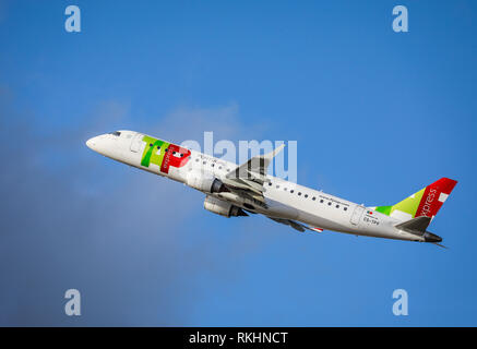 Duesseldorf, North Rhine-Westphalia, Germany - TAP Portugal aircraft take off from Duesseldorf International Airport, DUS, North Rhine-Westphalia, Ger Stock Photo