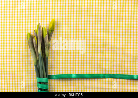 Flat lay image of daffodil flowers laying on yellow and white checked gingham material Stock Photo