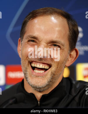 Paris Saint Germain manager Thomas Tuchel during the press conference at Old Trafford, Manchester. Stock Photo