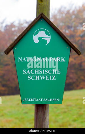 Sign with logo of the Saxon Switzerland National Park / Nationalpark Sächsische Schweiz, Saxony, Germany Stock Photo
