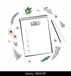 Notebook with wish list on white rustic table, flat lay style. Planning concept. Stock Vector