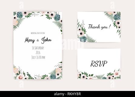 Wedding Invitation, save the date, thank you, rsvp card Design template. Vector. Pink rose, olive leaves. Watercolor style. Stock Vector