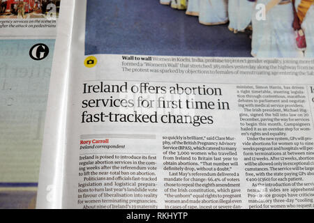 'Ireland offers abortion services for first time in fast-tracked changes' Guardian newspaper article headline January 2019 London England UK Stock Photo