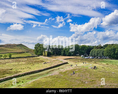 11 August 2018: Northumberland UK - Hadrian's Wall at Steel Rigg on a bright summer day. Stock Photo