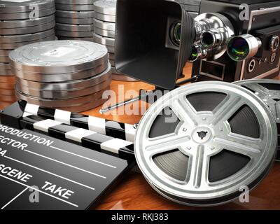 Video, movie, cinema vintage concept. Retro camera, reels and